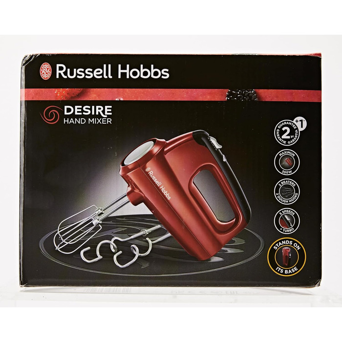 Ручний міксер Russell Hobbs ручний міксер Desire Red (5 рівнів швидкості функція турбо, 2 вінчики для посудомийної машини та гачки для тіста, кнопка виймання, вертикальне паркувальне положення) Ручний міксер 24670-56 Ручний міксер Desire одинарний