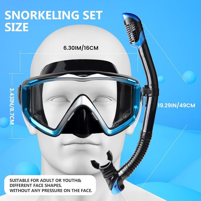 Набір для сноркелінгу, спорядження для сноркелінгу для дорослих, професійна маска для сноркелінгу з антизапотіванням, суха маска для фрідайвінгу, сноркелінгу, плавання, синій комплект для сноркелінгу - Panorama 3