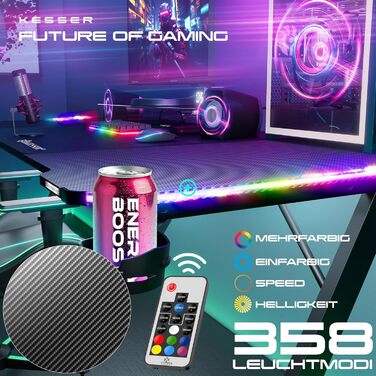 Ігровий стіл KESSER зі світлодіодним освітленням, 120 см x 60 см Z-подібний ігровий стіл Кріплення для навушників та покриття з вуглецевого волокна Ергономічний комп&39ютерний стіл Міцний стіл з підсклянником, чорний, 120 x 60 см, вуглецеве волокно зі сві