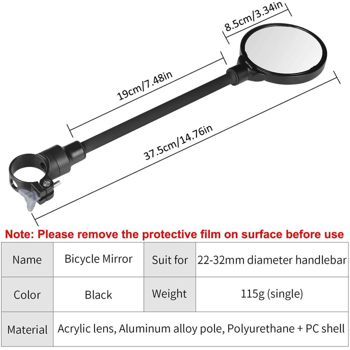 Велосипедне дзеркало WESTGIRL, регульоване та поворотне на 360, опукле HD ширококутне дзеркало заднього виду для керма, ударостійке безпечне велосипедне дзеркало універсальне для гірського велосипеда, шосейного велосипеда, електровелосипеда, A ()