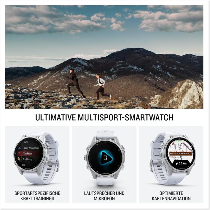 Розумний годинник для різних видів спорту, 1.3-дюймовий сенсорний/кнопковий AMOLED-дисплей, до 10 днів роботи від акумулятора, понад 80 спортивних/активних програм, топографічні карти, ЕКГ, телефонні дзвінки, музика, ліхтарик. Сучасний 43mm колір, білий/с