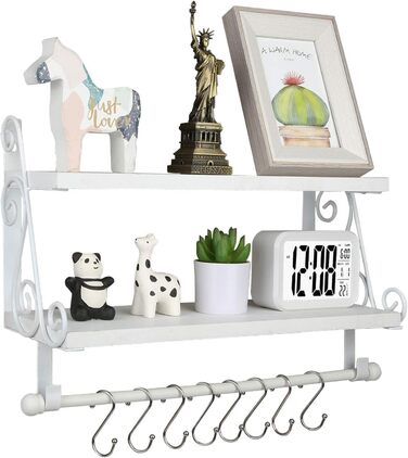 Дерев&39яна настінна полиця, плаваюча полиця, підвісна полиця, 2-рівнева полиця для спецій, кухонна полиця, органайзер для настінних полиць, полиця для ванної кімнати з 8 знімними гачками для ванної кімнати, вітальні, коридору, біла