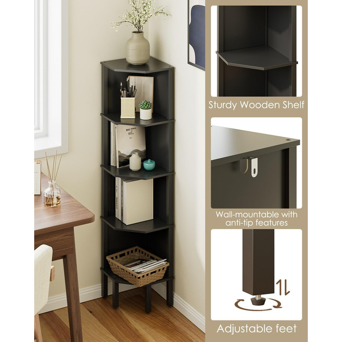 Кутова полиця, кутова книжкова полиця з 5 полицями, полиця для рослин, полиця для зберігання речей у вітальні, офісі, спальні, 127x29x29 см, чорна