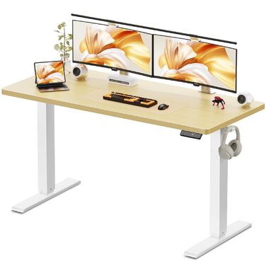 Стіл з регульованою висотою, електричний комп&39ютерний стіл 140 x 60 см, стіл для роботи сидячи та стоячи з 4 положеннями пам&39яті, стіл для роботи стоячи з 2 гачками для офісу, з&39єднувальна пластина, дуб