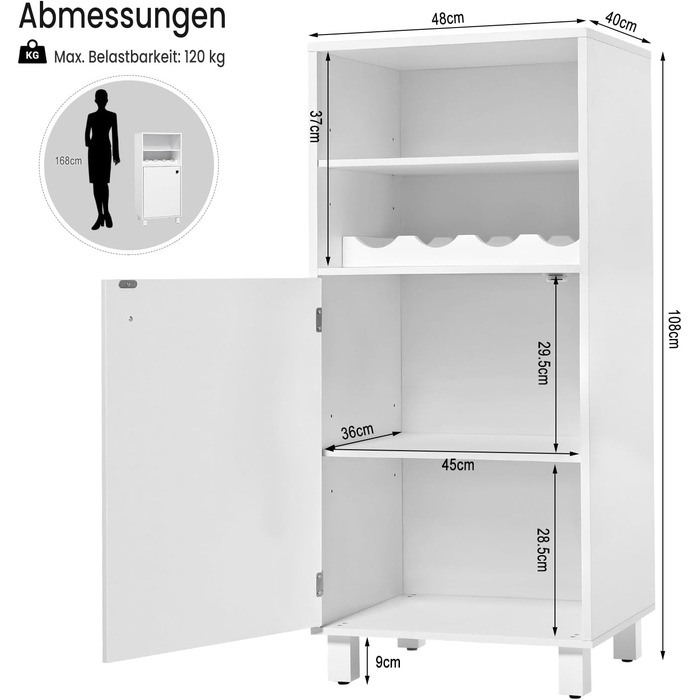 Кухонна шафа WOLTU з винною полицею, книжковою полицею, кухонною полицею, багатофункціональною шафою для зберігання, книжковою шафою, з дверцятами та регульованими полицями, білою, 48x108x40 см, KSK01ws