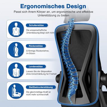 Офісне крісло, ергономічне офісне крісло з регульованим підголівником, підлокітниками та поперековою опорою, обертове робоче крісло з функцією гойдання до 135, крісло керівника, зручне для спини, вантажопідйомність 150 кг, чорний колір, модель I