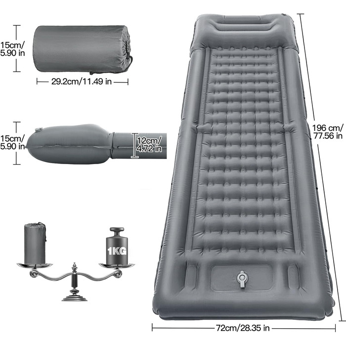 Килимок для сну для кемпінгу, потовщений надлегкий надувний матрац 12 см з подушкою та ножним насосом, водонепроникний надувний килимок для сну невеликого розміру для активного відпочинку, походів, піших прогулянок