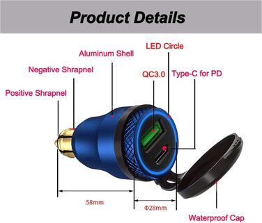 Алюмінієвий 30-ватний зарядний пристрій з DIN-роз'ємом живлення для типу C та швидкої зарядки USB 3.0 Мотоцикл DIN адаптер водонеп