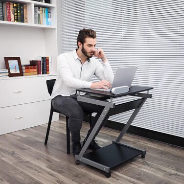 Стіл VASAGLE, комп'ютерний стіл на 4 коліщатках, 2 з яких з гальмами, шухляда для клавіатури з плавним ходом, простий у збірці Z-п