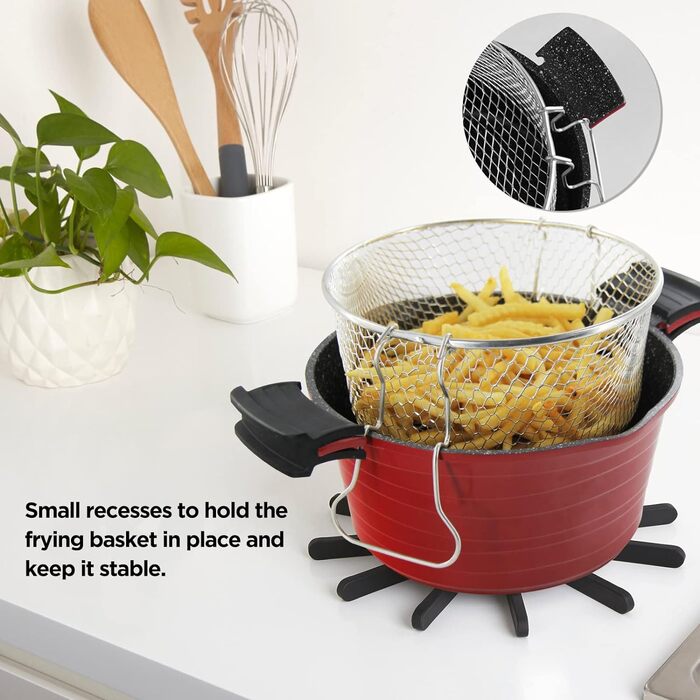Горщик для картоплі фрі ROSSETTO 24 см з кошиком для смаження, каструля з литого алюмінію індукційна, горщик для картоплі фрі 2-в-1, зі скляною кришкою, антипригарне покриття, підходить для індукції, горщик для пасти 4,5 літра, червоний