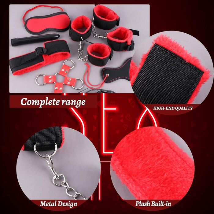Набір для звязування Екстремальний секс БДСМ Набір для сексу в звязку Наручники Секс із завязаними очима Батіг Затискачі для сосків Кляп 17 предметів Еротичні SM Секс-іграшки для пар Любителі екстремального сексу Початківці Чорний Червоний