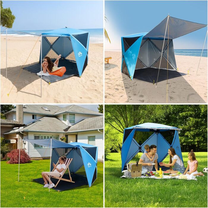 Пляжний намет Night Cat для 3-4 осіб розкладний намет із захистом від ультрафіолету 50 забезпечує захист від сонця та вітру на пляжі, 3-4 особи, синій