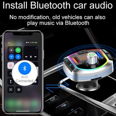 Передавач для автомобільного Bluetooth, автомобільний адаптер LncBoc 7 RGB Bluetooth, автомобільний комплект бездротового FM-радіо, швидкий зарядний пристрій PD 18 Вт і QC3.0, голосовий помічник Siri BC63