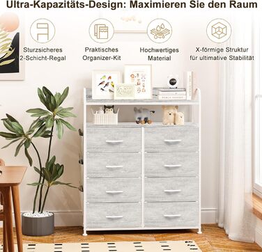 Комод, шафа, шафа для зберігання речей, 8 тканинних шухляд, 4 бічні кишені, 2-рівневі дерев&39яні полиці, скриня для спальні, вітальні, білий дуб, 8 шухляд з бічними кишенями