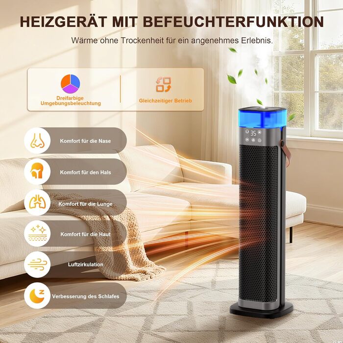 Енергозберігаючий електричний вентилятор-обігрівач, керамічний нагрівач PTC потужністю 2000 Вт з функцією зволоження, пульт дистанційного керування, коливання 75, 3 режими фонового освітлення, режим ECO, захист від перегріву та перекидання, 12-годинний та