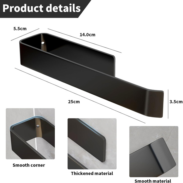 Самоклеючий рушникосушка чорний 25см SUS304 Рушникосушка з нержавіючої сталі без свердління Підвісна рушникосушка для ванної кімна