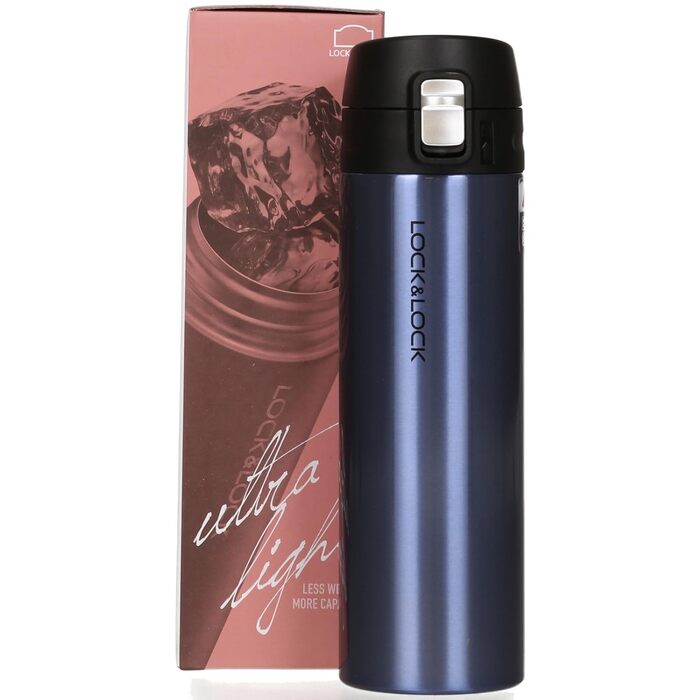 Пляшка для води з нержавіючої сталі LOCK & LOCK - НОВА ЛЕГКА ВАКУУМНА ПЛЯШКА FEATHER LIGHT - Термос для однієї руки - Вакуумна ізольована пляшка для кави, чаю тощо 500 мл сапфірово-блакитного кольору