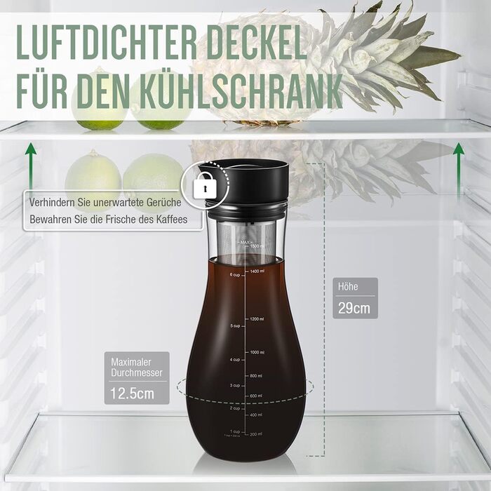 Кавоварка 1.5 л для холодного заварювання, кавоварка холодного заварювання з герметичною кришкою Скляна кава з льодом Глечик Brewer Чайник холодного заварювання, готовий до вживання Холодна кава Глечик Гарячий чай Фруктовий напій Набір блоків заварювання