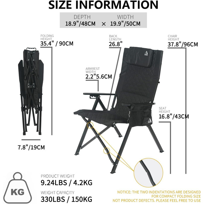 Складаний кемпінговий стілець, висока спинка, регульована спинка в 4 положеннях, до 150 кг, садовий стілець з тримачем для напоїв та бічною кишенею, рибальський стілець, вуличний стілець для кемпінгу, саду, балкону (чорний)