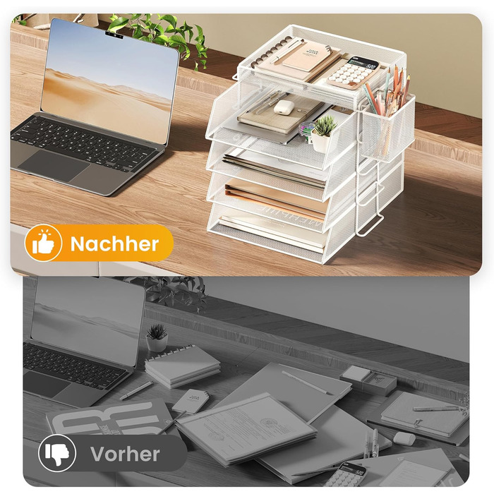 Штабельований лоток для листів, настільний органайзер з 4 тримачами для файлів та 1 тримачем для ручок, для документів A4, металевий офісний органайзер, настільний лоток для офісного документообігу, поштові лотки (білий)