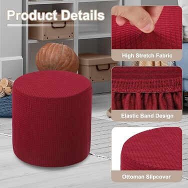 Чохол для пуфа, круглий, розтяжний, підходить для діаметрів 24,9 см - 32 см, нековзний чохол для пуфа для спальні, вітальні, бордовий