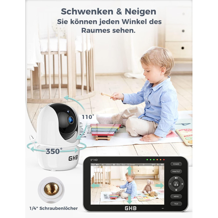 Радіоняня з 2 камерами 5-дюймовий 720P HD IPS-дисплей Камера радіоняні Режим VOX Двостороння розмова Нічне бачення Дисплей темпера