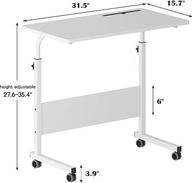 Регульований мобільний приліжковий столик SOGES Furniture 80 см, портативна підставка для ноутбука з тримачем для планшета, бічною полицею, стіл для ноутбука, регульована висота, компютерний стіл для роботи стоячи, білий