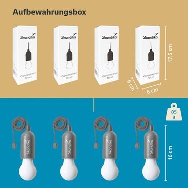 Лампа для кемпінгу Skandika Narvik Комплект із 4 шт., світлодіодна лампа, висувна, лампа на батарейках із тяговим вимикачем, підвісна, аксесуар для кемпінгу, портативна лампа для намету Для кемпінгу, фестивалів, гаража, підвалу, сірого кольору