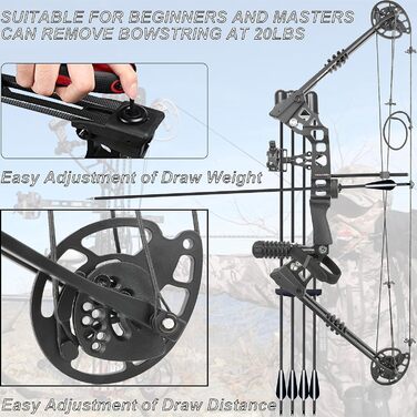 Набір мисливського складеного лука 20–70 lb для дорослих – регульований лук з повним комплектом аксесуарів для полювання, риболовлі, тренувань та стрільби по мішенях, для лівшів, чорний
