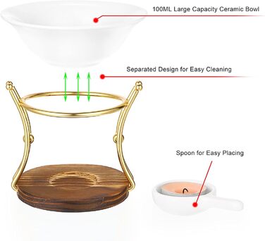 Керамічна аромалампа TOLIDA з підсвічником Залізна ароматерапевтична пальник з дерев'яною основою Аромадифузор з ефірним маслом Ароматичний дифузор для пахощів Пальник для плавлення воску Золото для спальні Вітальня Йога