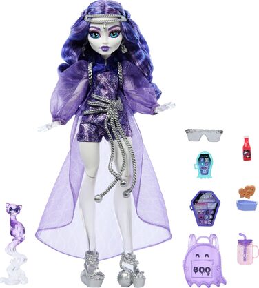 Лялька Monster High Spectra Vondergeist з тхором Руеном та аксесуарами, такими як рюкзак, планшет, снеки та інше, HXH77
