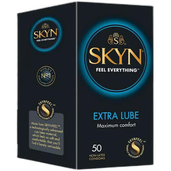 Презервативи SKYN Extra Lube 50 шт. /Skynfeel презервативи без латексу для чоловіків, чутливі презервативи, коробка для презервативів з екстра вологою, чутливі, презервативи шириною 53 мм