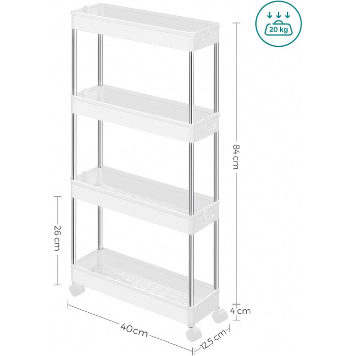 Візок, кухонний візок з 4 рівнями, кухонна полиця, полиця в нішу, з 6 гачками, поворотні колеса на 360, замикається, сталева рама,