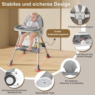 Стільчик для годування LINELUCK дитячий 6в1 з шезлонгом і дитячим кріслом-гойдалкою, регульований складаний дитячий стільчик з обі