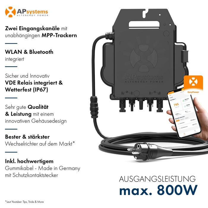 Балконна електростанція SPAUN 1000 Вт Комплект 800 Вт з двосторонньою фотоелектричною потужністю до 1300 Вт та 15-метровим кабелем для підключення до розетки - дистанційний моніторинг через WiFi, міні-фотоелектрична система, 15-метровий кабель N-TOPCon, 8