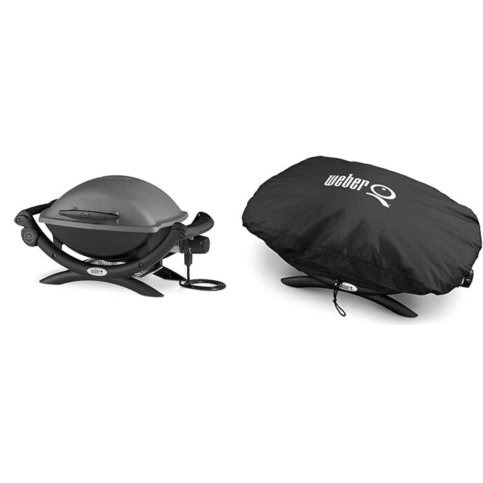 Електрогриль Weber Q1400, 43 x 32 см, темно-сірий (52020079) та преміум-чохол для гриля серії Q100/1000, чорний, 27.9x25.4x23.6 см (7117) комплект