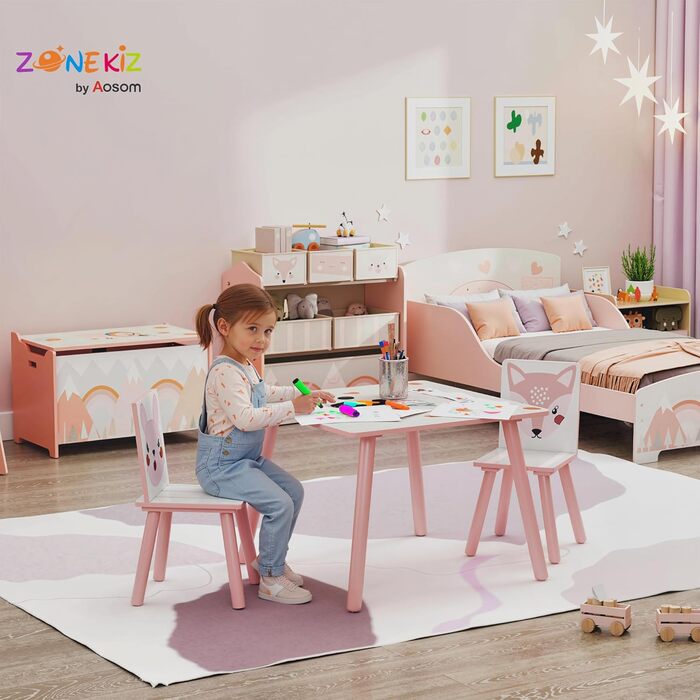 Дитячий стіл з 2 стільцями, 3-предметний дитячий комплект сидіння з мотивом тварин, комплект дитячого столу та стільців, комплект дитячих меблів для сидіння в дитячих кімнатах, для дітей 3-8 років, рожевий