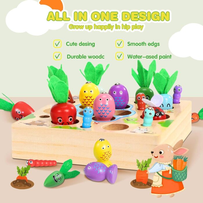 Іграшки COOLJOY Монтессорі від 1, 2, 3 років і старше, гра Складання моркви, деревяна магнітна рибалка, деревяна іграшка для розви