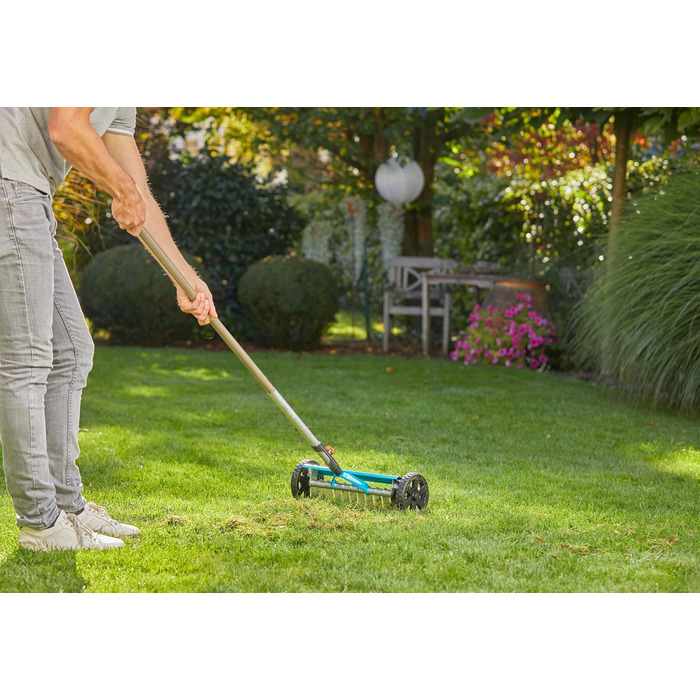 Вертикутер Boy ручний вертикутер для видалення моху, бур'янів та повсті з газону, ширина захвату 32 см, з міцними колесами та регульованою віссю для полегшення роботи (3395-88). Вертикутер Boy (32 см), одинарний.