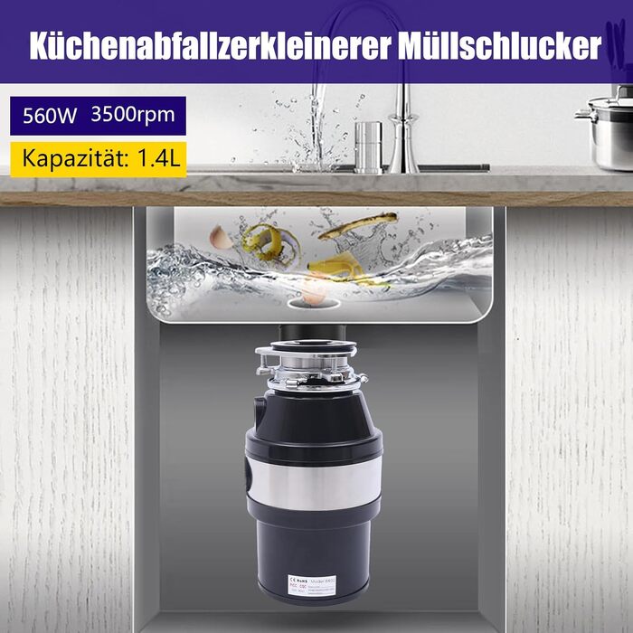 Подрібнювач кухонних відходів HINOPY, подрібнювач кухонних відходів потужністю 370 Вт 1/2 к.с. Подрібнювач відходів з жолобом для сміття 3500 об/хв для посудомийної машини, кухня
