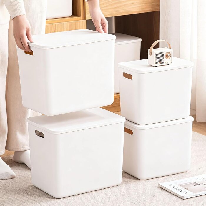Л 25 л, 6 великих пластикових білих контейнерів для зберігання, кошики, скриня для іграшок з кришкою та ручкою, контейнер-органайзер для дітей, дитячої кімнати, полиць, ігрової кімнати, спальні, офісу, шафи, дому (4XL 2 л), білий колір, 4 XL 2 л, 12