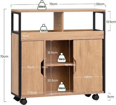 Шафка для ванної кімнати EUGAD, вузька нішева шафка, шафка для ванної кімнати з 2 відкритими відділеннями, регульована полиця, розсувні дверцята, нішева полиця з колесами, 70x70x20 см, чорний світлий дуб E1-MDF метал 70x20x70 см