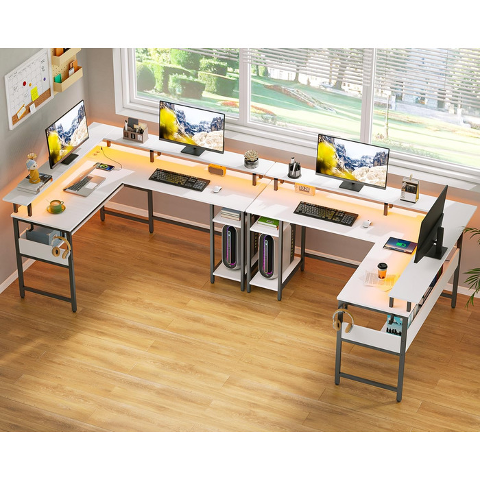 Г-подібний ігровий стіл Rolanstar зі світлодіодним освітленням та розетками, ігровий стіл з підставкою для монітора та місцем для зберігання, кутовий стіл з 2 гачками, великий двосторонній комп&39ютерний стіл для офісу (білий, 137 x 108 см) Білий 137 x 10