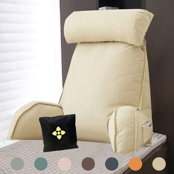 Подушка для читання, подушка для спини, подушка для відпочинку на ліжку з підлокітниками, поперекова подушка з подушкою для шиї та кишенею, подушка для підтримки спини під час читання або перегляду телевізора, 75 см 40 см 50 см, бежевий.