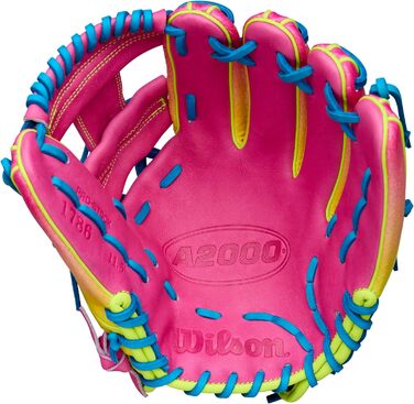 Бейсбольні рукавички Wilson Autumn 2025 A2000 сині/оптично-жовті/рожеві для внутрішнього поля - 11,5 футів для кидка правою рукою