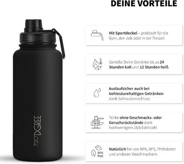 Термос для води 720DGREE з нержавіючої сталі 950 мл noLimit фруктовий інфузер - герметичний, підходить для газованих напоїв, без BPA - ізольований пляшка з кришкою, що закручується, для спорту, активного відпочинку, фітнесу спортивна кришка 950 мл 01 Онік