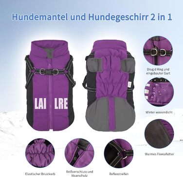 Пальто для собак, куртка для собак, зимове пальто для собак, водонепроникне пальто для собак, шлейка для собак, пальто, пальто для маленьких собак, зимове пальто для собак зі шлейкою для маленьких, середніх та великих собак, L, фіолетовий