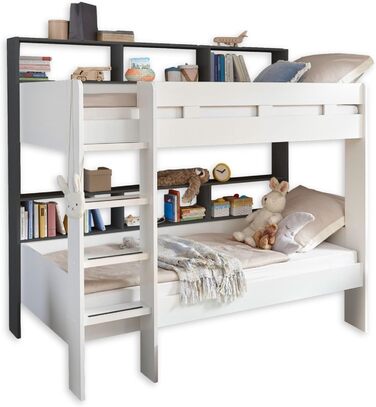 Сучасне ліжко-горище зі сходами та двома поверхнями для лежання 90 x 200 см - Компактне дитяче двоярусне ліжко білого/антрацитовог