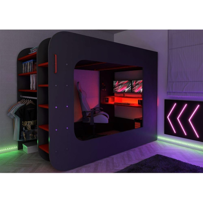 Дитяче двоярусне ліжко з ігровим столом в антрацитовому та червоному кольорах