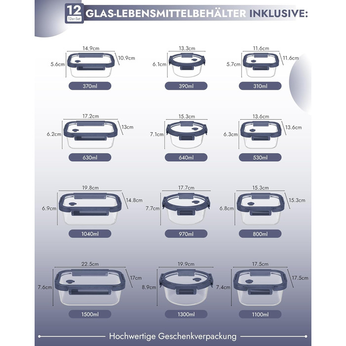 Скляні контейнери з кришками, набір з 12 шт. , високий вміст боросилікату, придатні для використання в мікрохвильовій печі, придатні для використання в духовці - 20510, з клапаном, можна мити в посудомийній машині ідеально підходить для контейнерів для зб